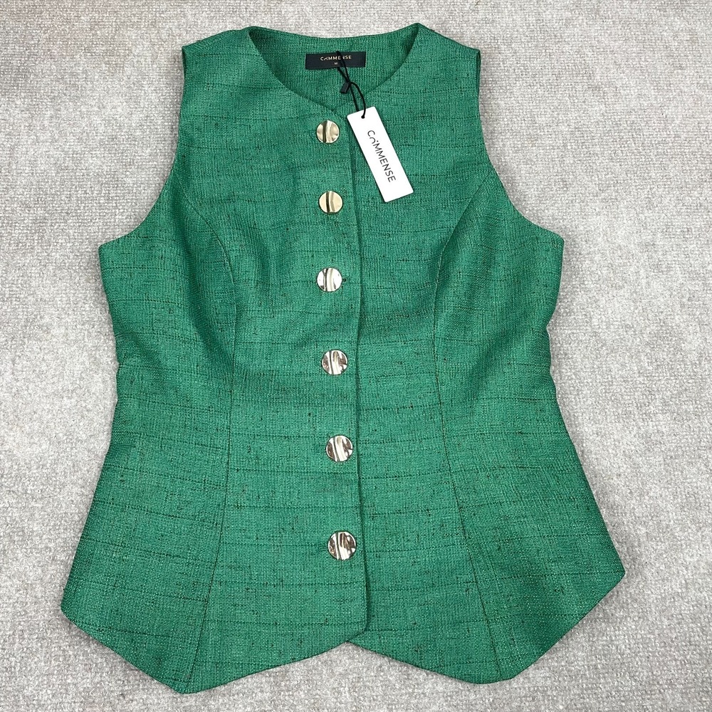 Commense Tweed Vest Womens Medium Emerald Green Button Front Formal Wear NWT